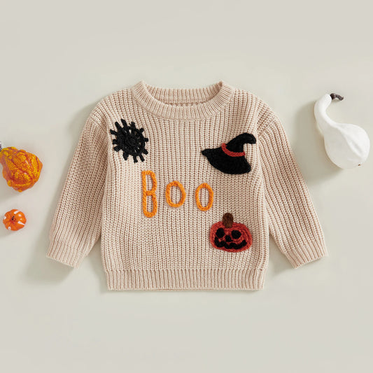 Women s Halloween Knit Sweater with Long Sleeves Round Neck Letter Pumpkin Spiderweb and Witch Hat Embroidery - Festive