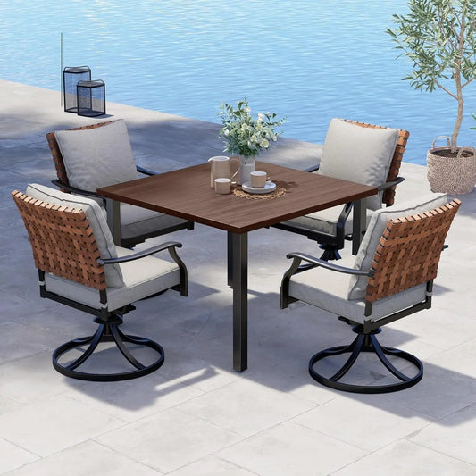 5-Piece Outdoor Dining Set, 4 Leather-Look Wicker Swivel Patio Chairs &  Square Woodgrain Dining Table，Outdoor Furniture Sets
