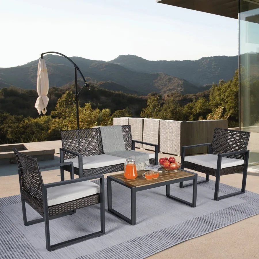 4Piece Patio Furniture Set Outdoor Balcony Porch Garden Backyard Lawn Furniture Acacia Wood Table Top Morden Brown and Beige Cu