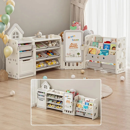 Foldable Kids Toy Storage Organizer with 10 Removable Bins and 3-Tier Bookshelf, 4 in 1 Multifunctional Large Toy Organizer with