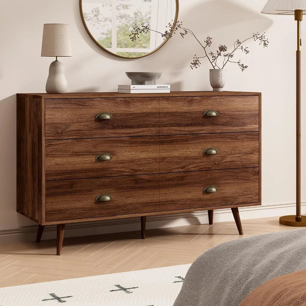 Walnut Brown Dresser for Bedroom, 6 Drawer Dresser with Wide Drawers and Metal Knob, Wood Dressers & Chest of Hallway