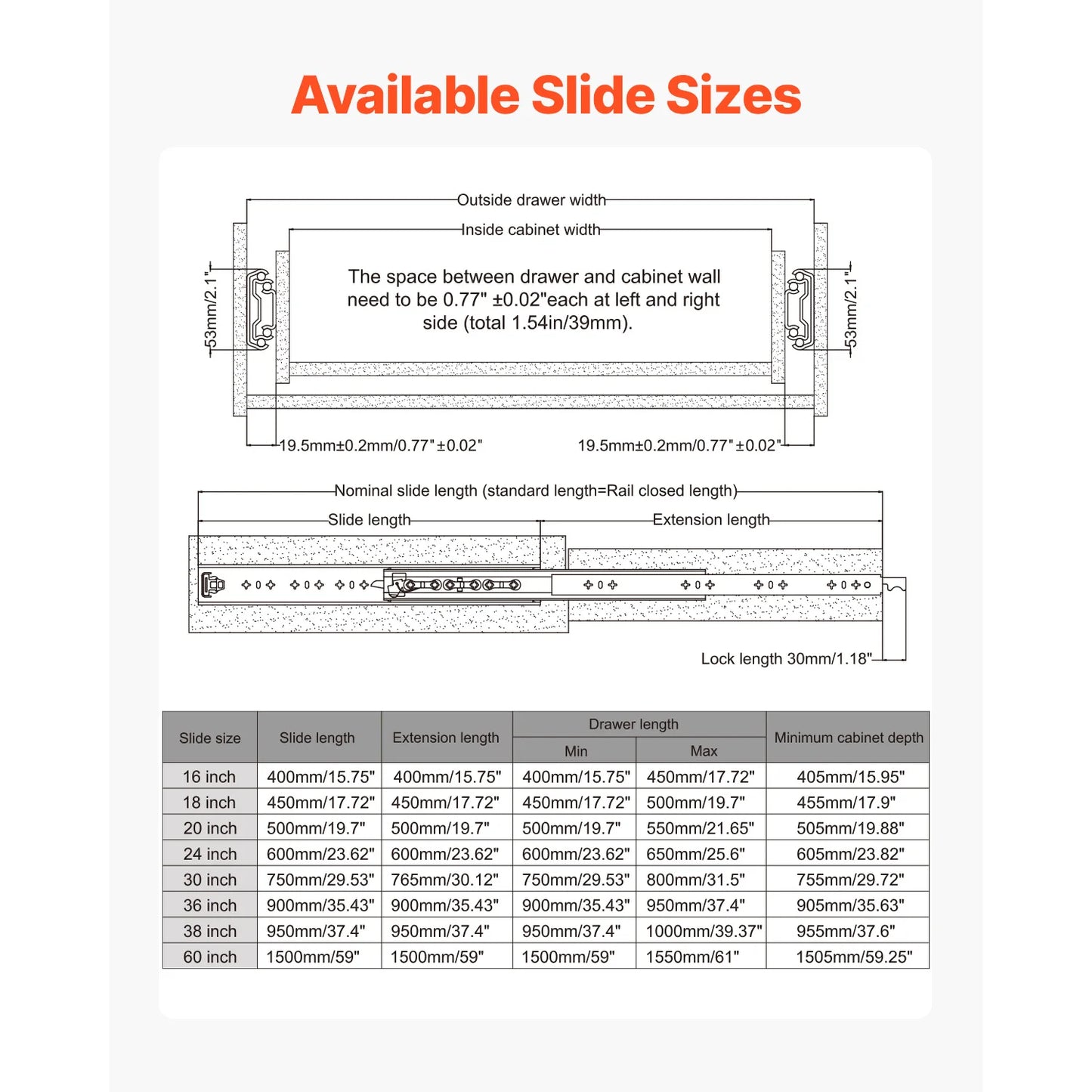 VEVOR Set of 2 Drawer Rails Sizes Ranging from 16 to 60 in 250 lbs Weight Limit Lockable Drawer Rails Ball Bearing Side Mount