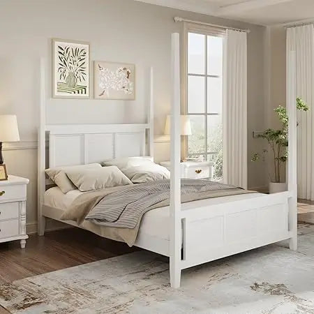 4-Poster Platform Bed King Size with Decorative Headboard and Footboards, Traditional Solid Wood Platform Bed Frame with Sturdy
