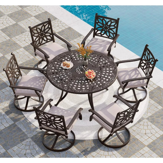 Cast Aluminum Patio Dining Set for 6 Person, 7 Piece Outdoor Patio Set with 54" Dia Cast-Top Aluminum Table(2.1" Umbrella Hole)