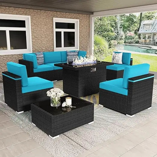 8 Pieces Patio Furniture Set with 44" Propane Gas Fire Pit Table, Outdoor Sectional Wicker Conversation Sofa Sets with Coffee Ta
