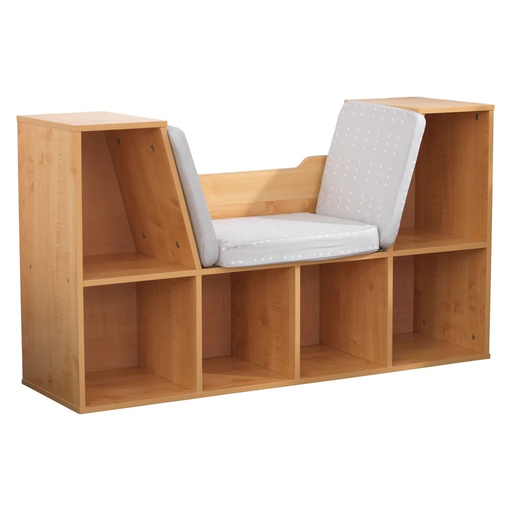 Bookcase with Reading Nook 6 Shelves Comfortable Cushions Kids Storage Space Toys Books Playroom Furniture Natural Finish