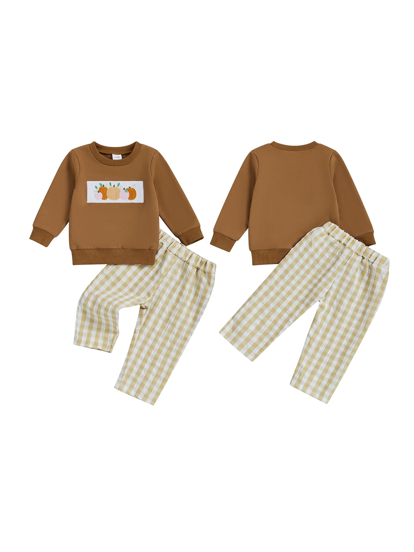 Adorable Baby Halloween Costume Set with Pumpkin Embroidery Long Sleeve Top and Plaid Pants for Toddler Boy or Girl 2-Piece