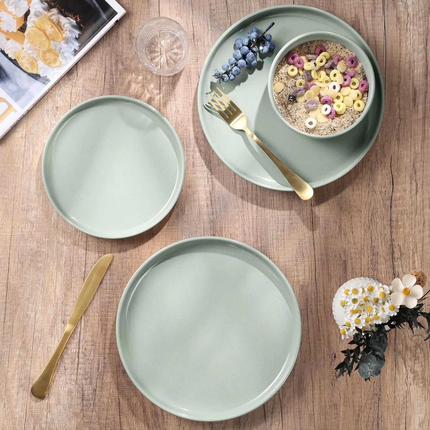 Stoneware Dinnerware Sets, 18-Piece Plates and Bowls Set for 6, Dishes Set for Home Restaurant, Speckled Asparagus Green