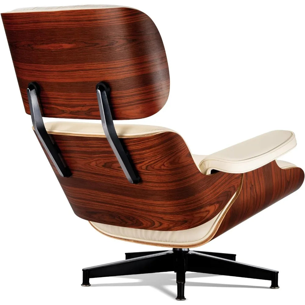 Chaise Lounge Chair with Ottoman Genuine Leather High-Resilience Foam Cushions Mid Century Modern Ergonomic Design