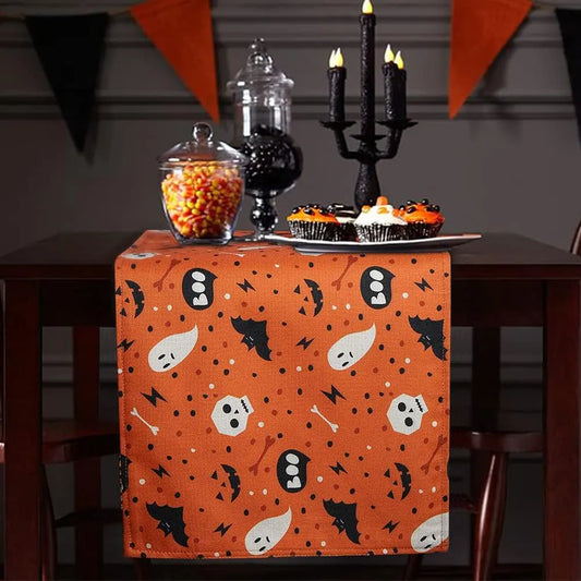 Halloween Table Runner, Cotton Linen Table Runner, Classic Halloween Elements Tablecloth-bat、Ghost for Bedroom Home Living Room