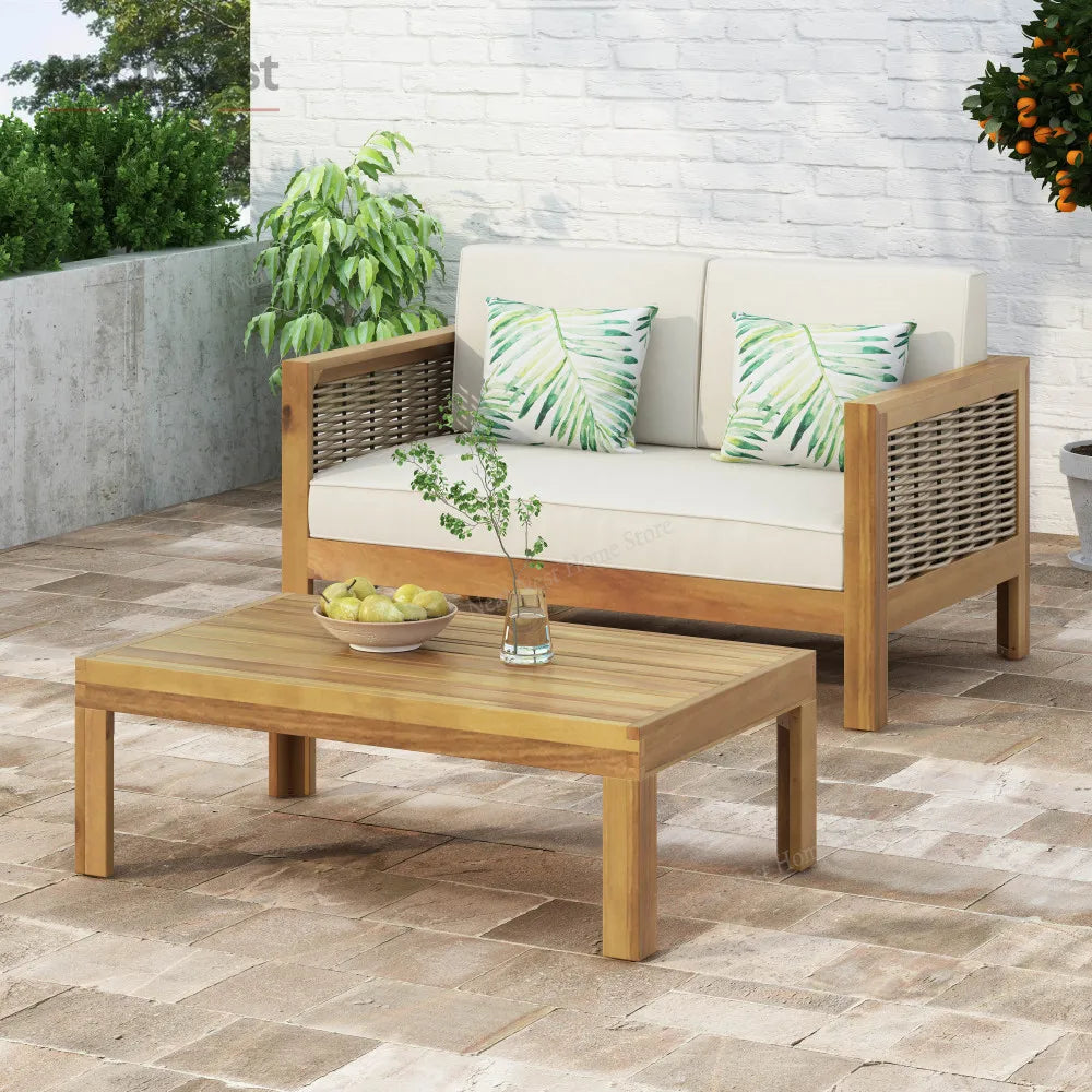 Outdoor Acacia Wood Club Chair with Wicker Accents, Teak Finish ,Mixed Brown,Beige,Patio Furniture Conversation Set for Backyard