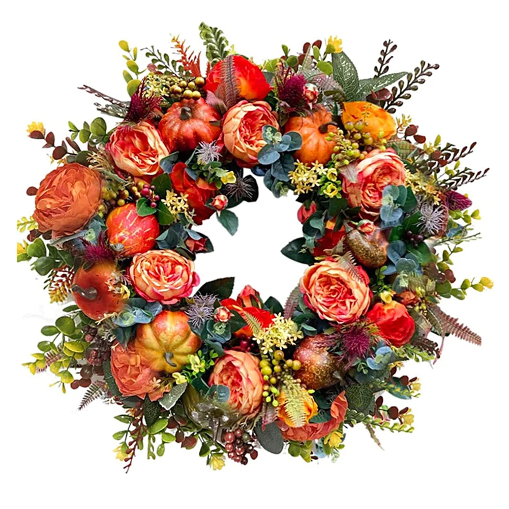 Peony Pumpkin Wreath Decorative Artificial Autumn Garland Festival Theme Front Door Wreath Farmhouse Party Decoration