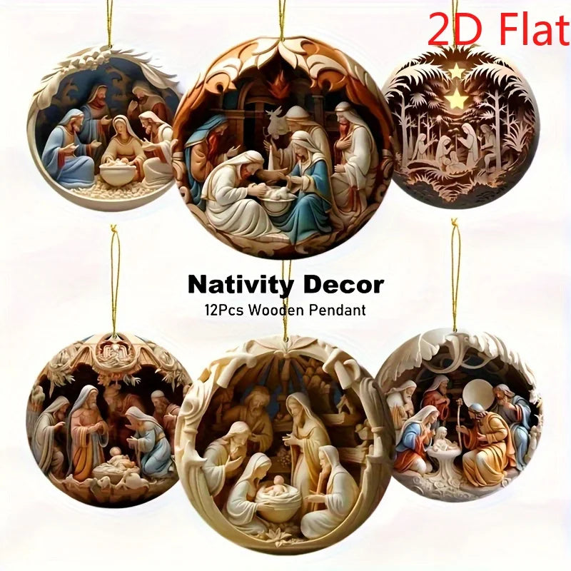 12 Pcs Nativity Wooden Ornaments - 2D Flat Bible Story Decor Set for Home & Christmas