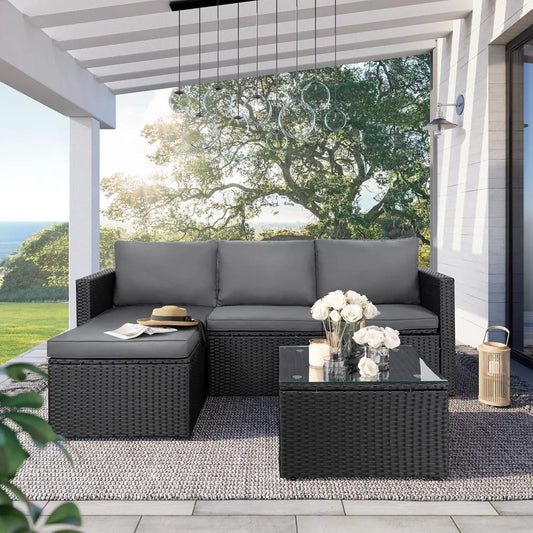 Small Outdoor Sofa Patio Furniture Set with Detachable Cushions, 3 PCS Patio Sectional Sofa with Coffee Table & 5 Position Adju
