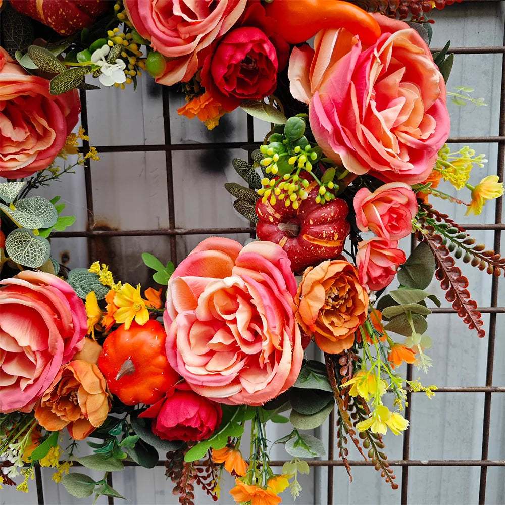 Peony Pumpkin Wreath Decorative Artificial Autumn Garland Festival Theme Front Door Wreath Farmhouse Party Decoration