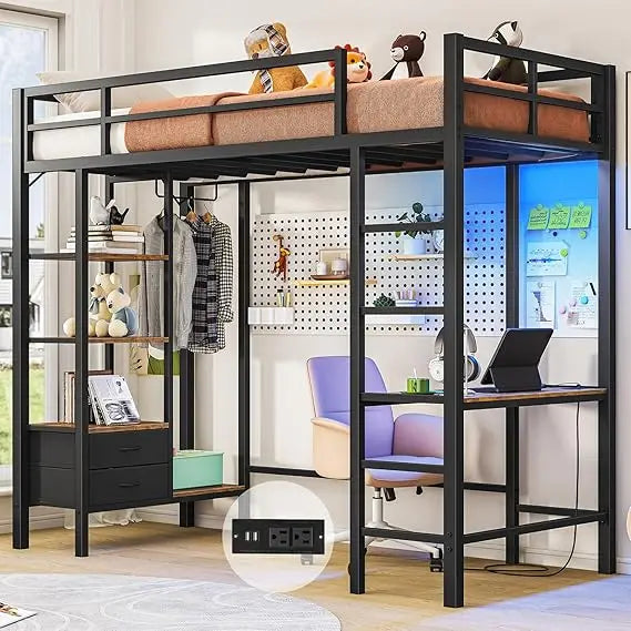 Loft Bed Twin Size with Desk and Charging Station Metal Twin Loft Bed with LED Lights, 4 Storage Shelves & 2 Fabric Drawers, Tw