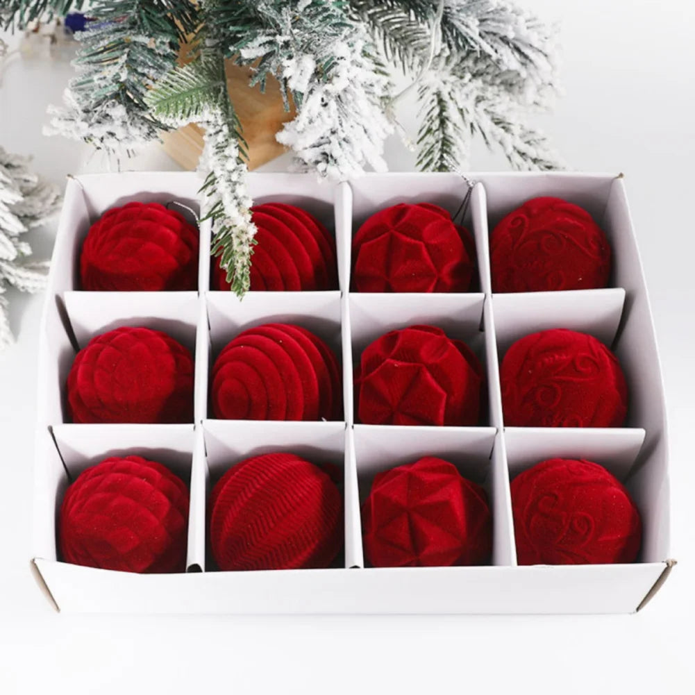 12Pcs/Box 6cm Christmas Flocked Cloth Velvet Balls Pendant Xmas Tree Hanging Ornaments Merry Christmas Decoration New Year Gift