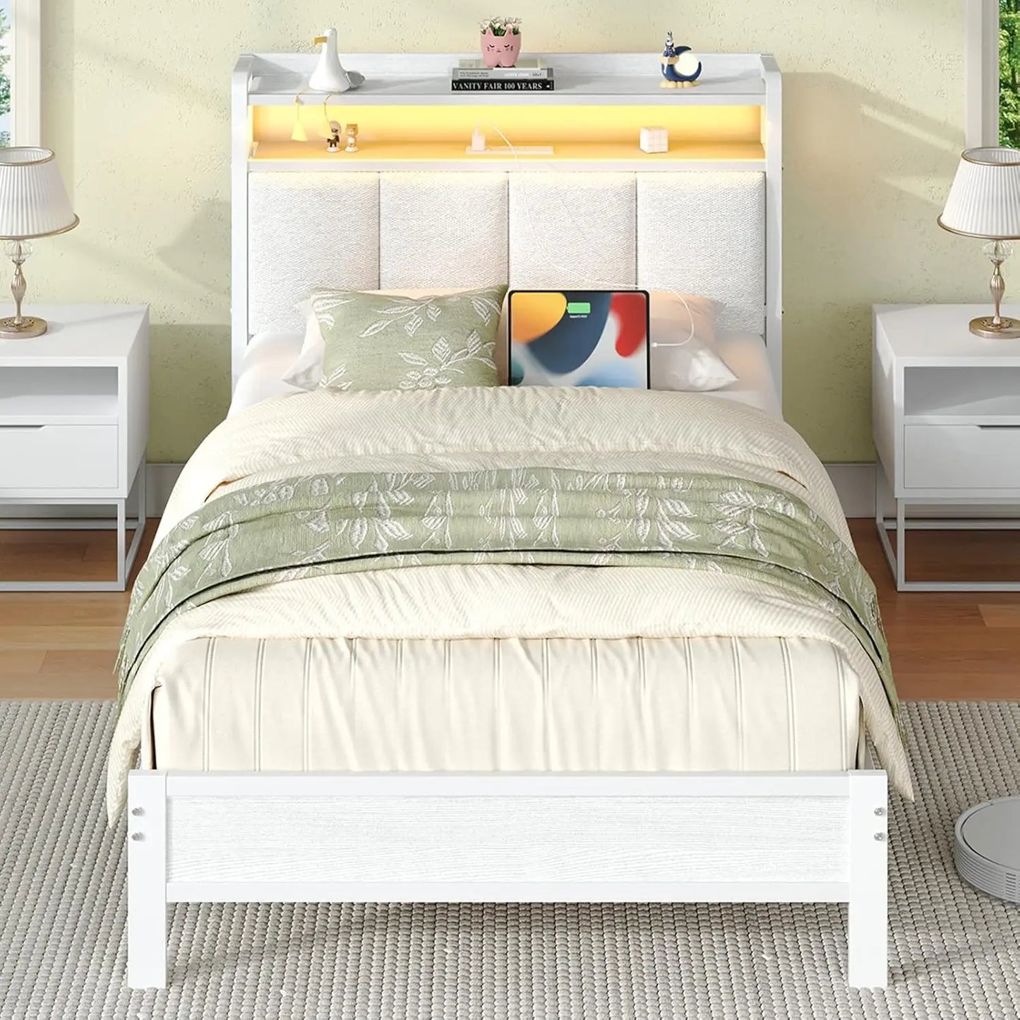 ANGDUO Bed Frame With Storage Headboard And LED Lights