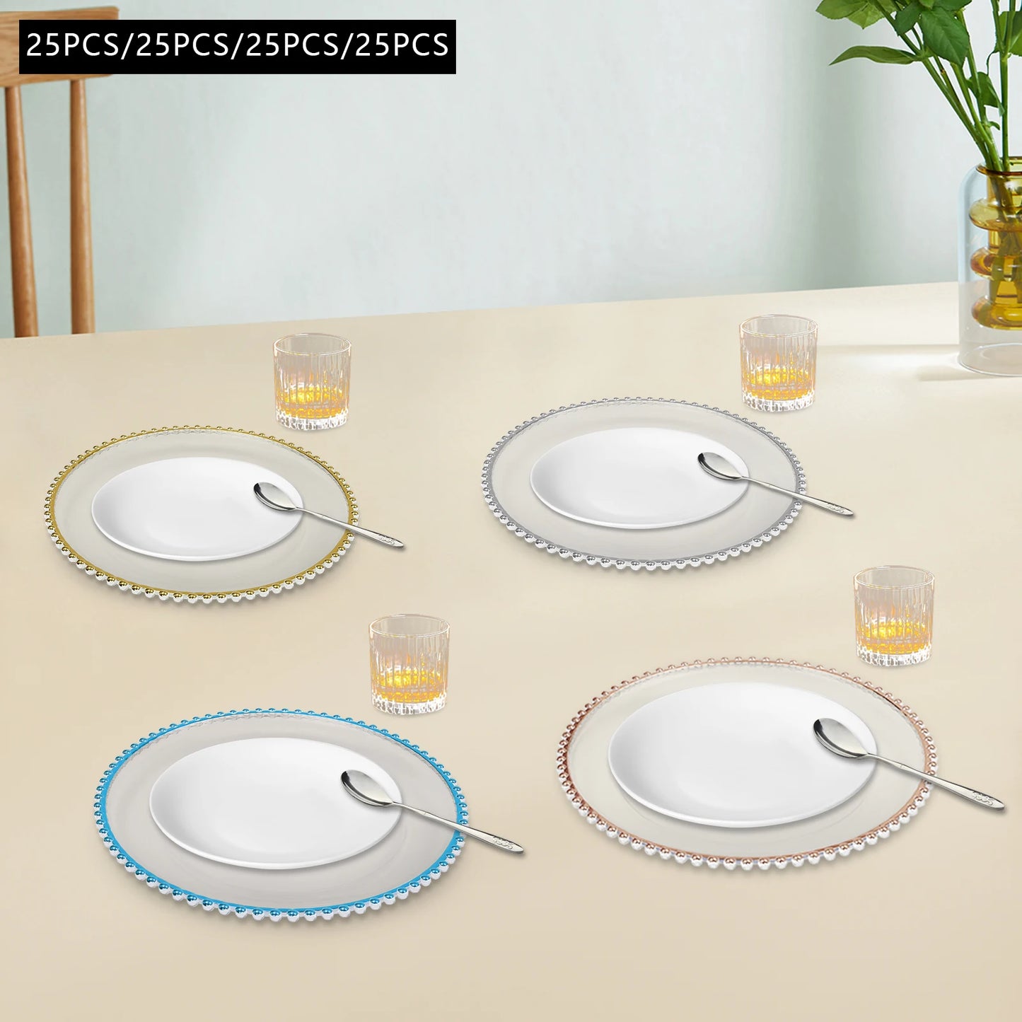 25pcs Gold/Rose Gold/Silver/Blue 12.6inch Clear Charger Plates Table Charger Plates Dinner Charger Plates For Banquets Weddings