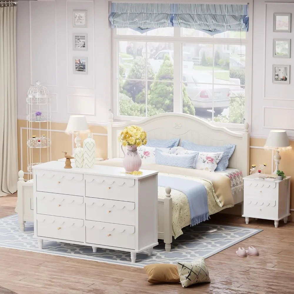Scalloped 6 Drawer Dresser And Two Nightstands White Set