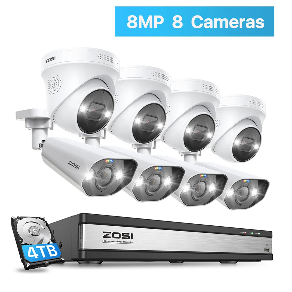 ZOSI 16CH 4K PoE Home Security Camera System 8MP NVR Set Outdoor Indoor Color Night Vision AI IP Camera Video Surveillance Kit