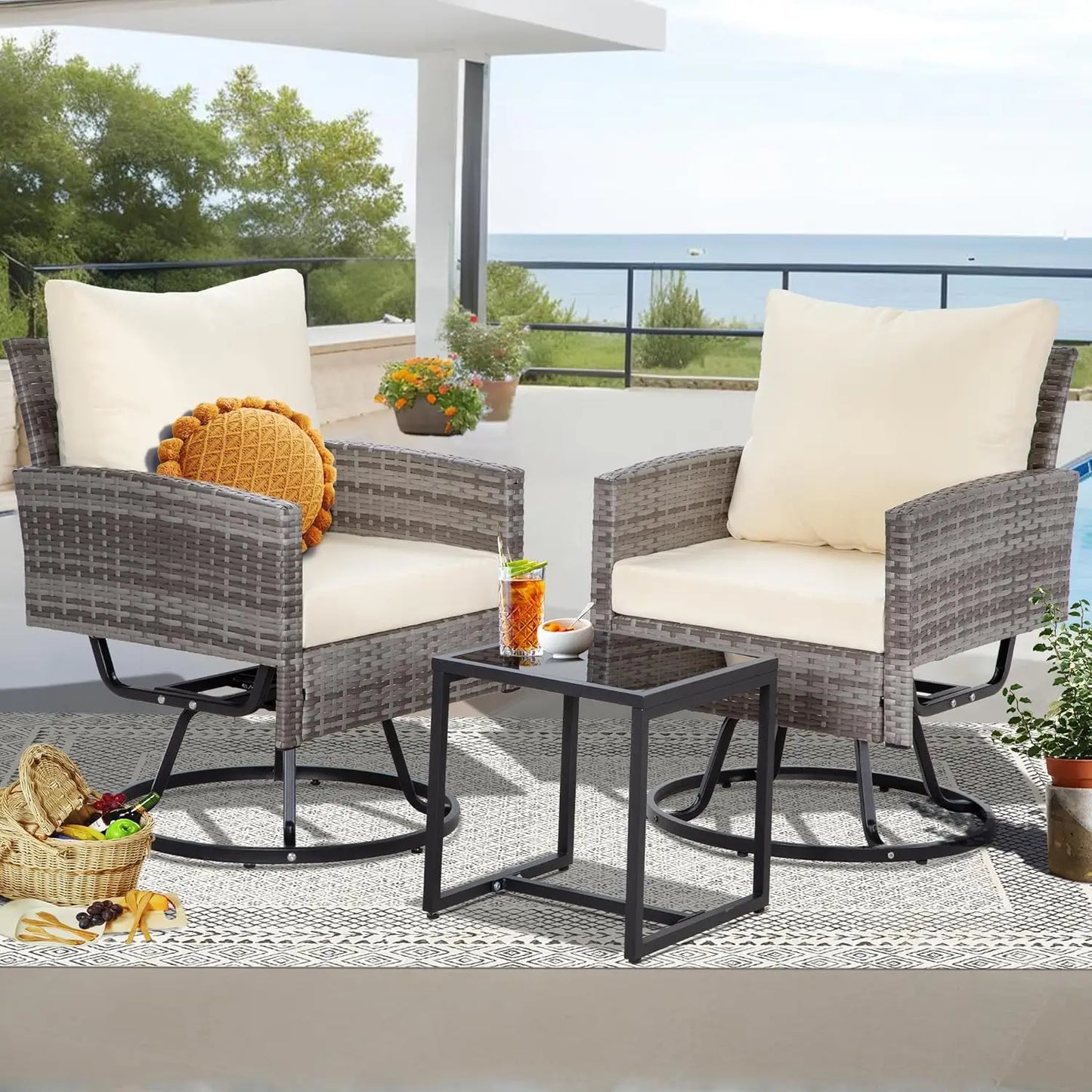 3 Pieces Swivel Patio Furniture Set,Outdoor Wicker Bistro Set with Glass Coffee Table and Thick Cushions for Garden, Balcony