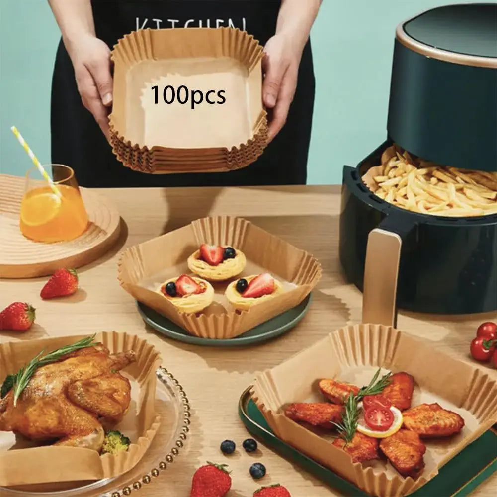 [In Stock] 50/100PCS Disposable Air Fryer Paper Liners | Non-Stick Oil-Proof Baking Parchment Sheets