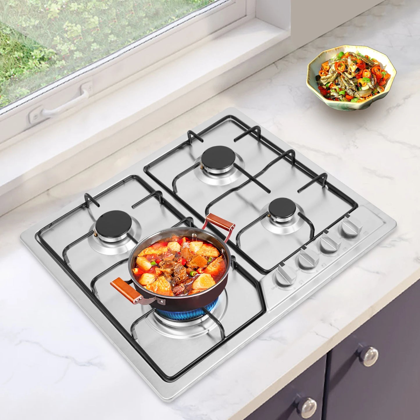 4-Burner NG Gas Stove Built-in Stainless Steel Gas Stove Durable Natural Gas Cooktop