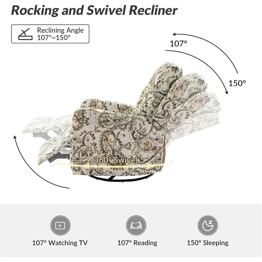 Recliner Chair Modern Printed Fabric for Living Room, Wingback Rocker Recliner Sofa Comfy Armchair 360 Degree Swivel, Nursery R