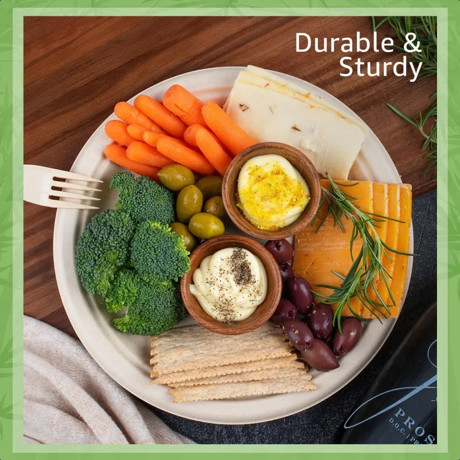 Paper Bamboo Plates Disposable 50Pack 9inch Sturdy and Microwave Safe Compostable Paper Plates Disposable Heavy Duty PFAS Free