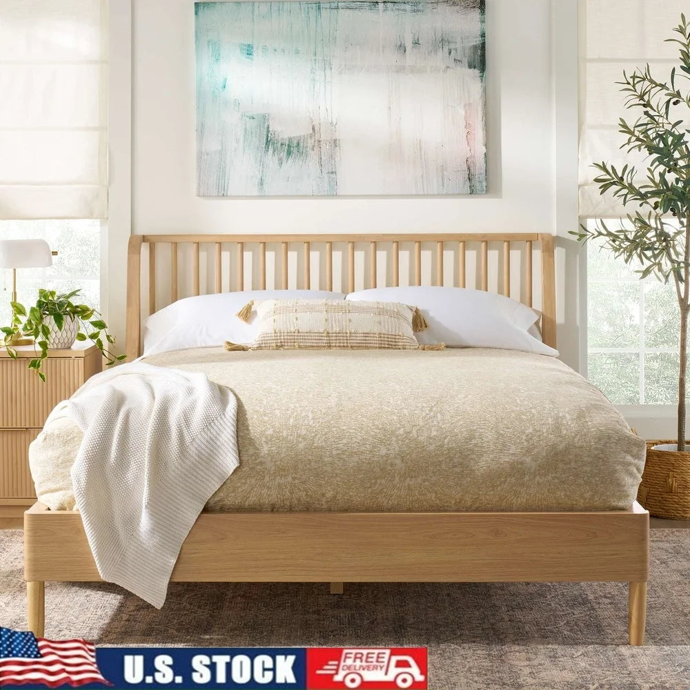 Natural Pine Finish Queen Spindle Bed Durable Solid Wood Wingback Headboard Elevated Legs Stylish Bedroom Furniture Assembly