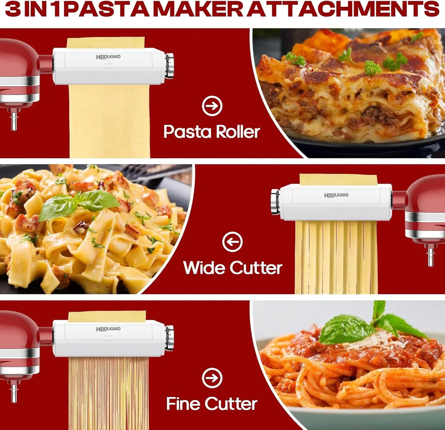 3-in-1 Pasta Maker Attachment for Stand Mixers, Includes Spaghetti, Fettuccine Cutter and Sheet Roller