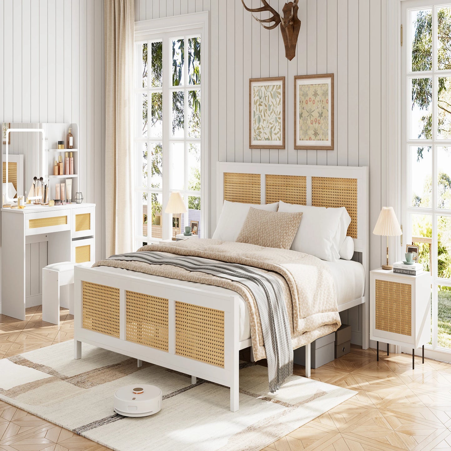 KING/QUEEN/FULL Size Rattan Bed Frame with Headboard, White Boho Cane Platform Bed Frame with Strong Metal Slat, Noise Free