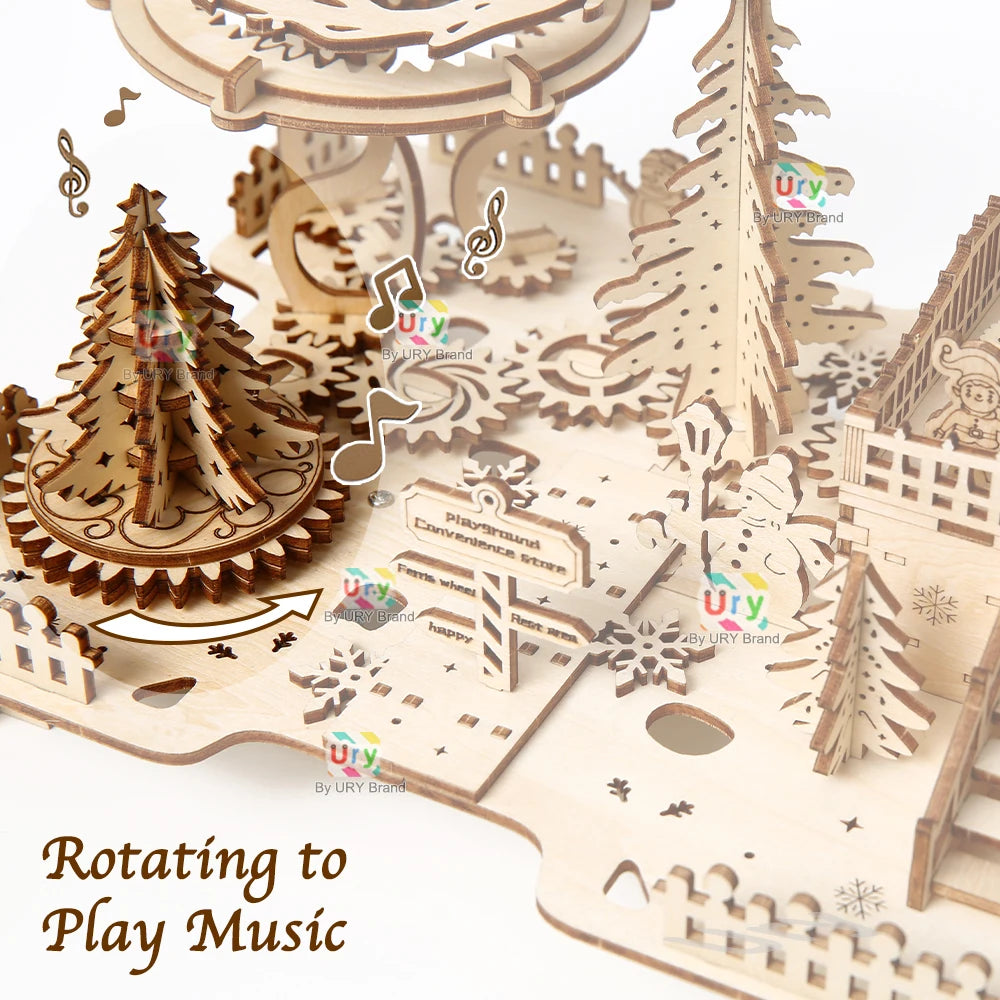 Ury 3D Wooden Puzzle Christmas Deer Carriage Music Box Light
