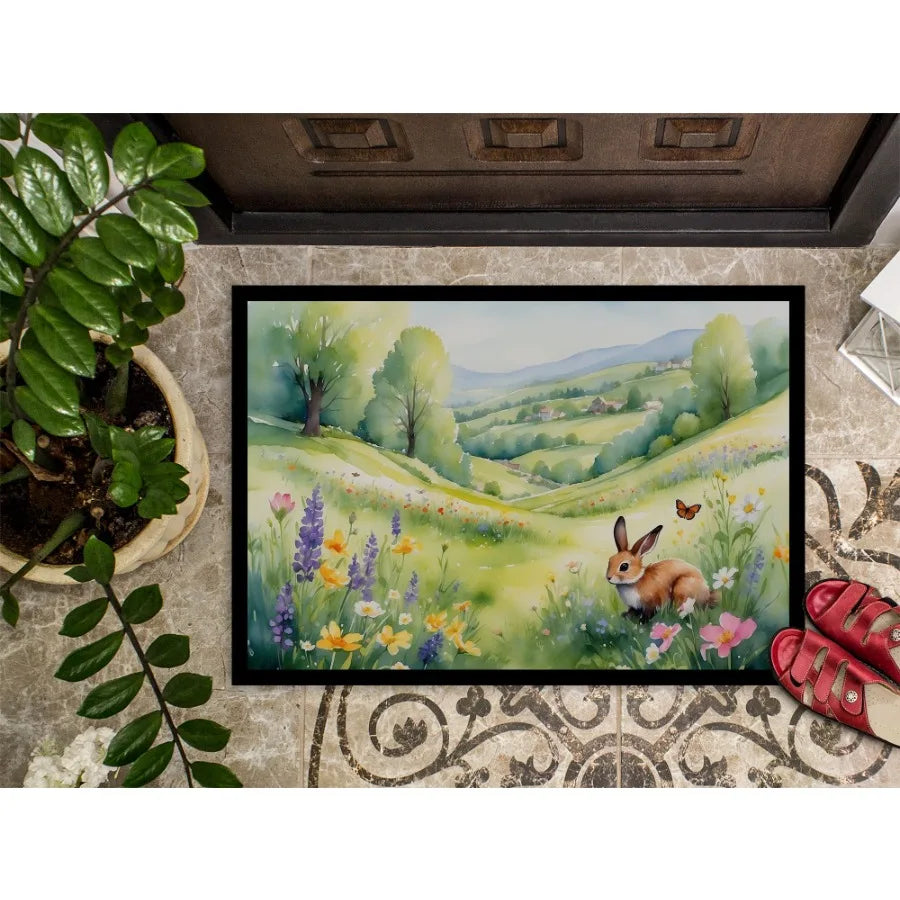 Rabbit Springtime Meadow Doormat Front Door Mat Indoor Outdoor Rugs for Entryway Non Slip Washable Low Pile 24H X 36W