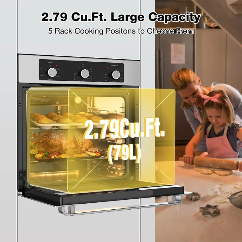 24" Single Wall Oven, ETL Certified, ThermoMate 2.79 Cu. Ft. Built-in Electric Oven with 5 Cooking Functions,Electric Wall Ovens