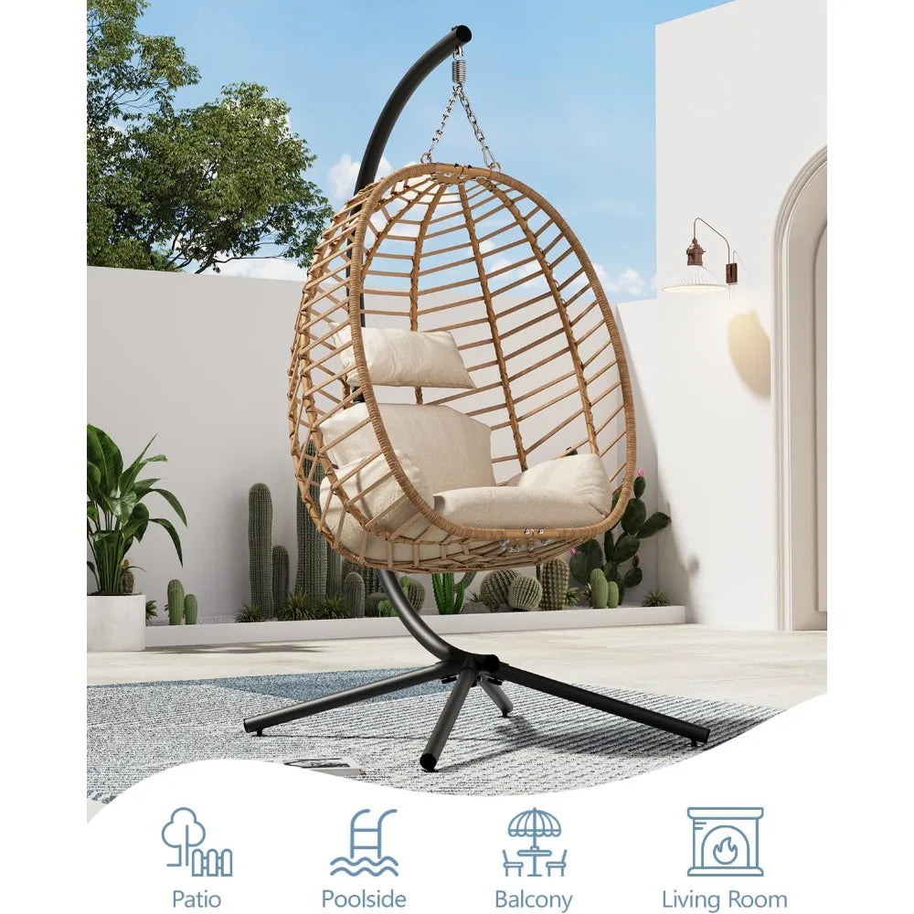 Egg Swing Chair with Stand, Outdoor Patio Hanging Egg Chair, Indoor Hammock Chair with Cushion for Garden Backyard