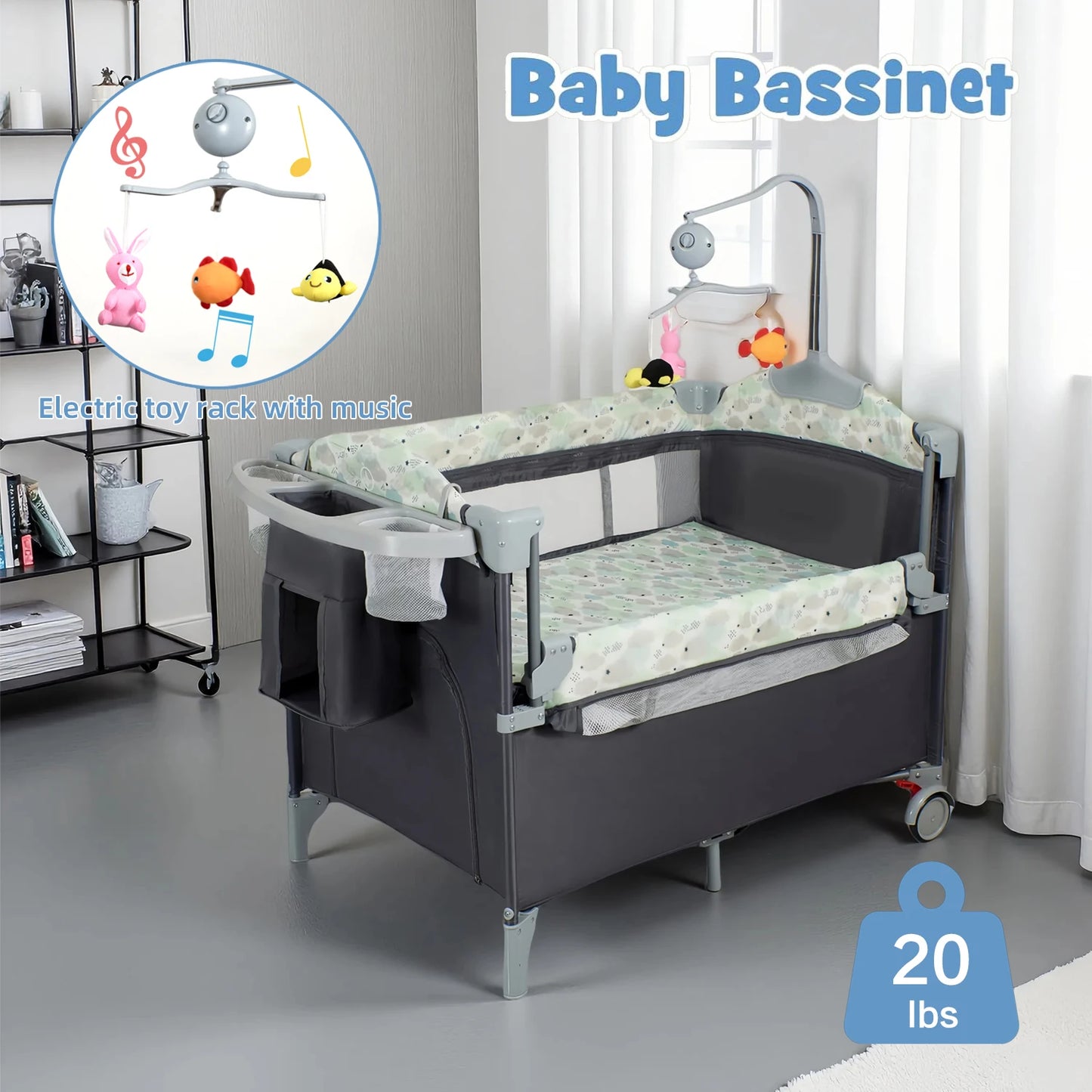4 in 1 Portable Baby Playard with Changing Table Lockable Wheels Music Box Foldable Baby Crib Suit Infant to Toddler