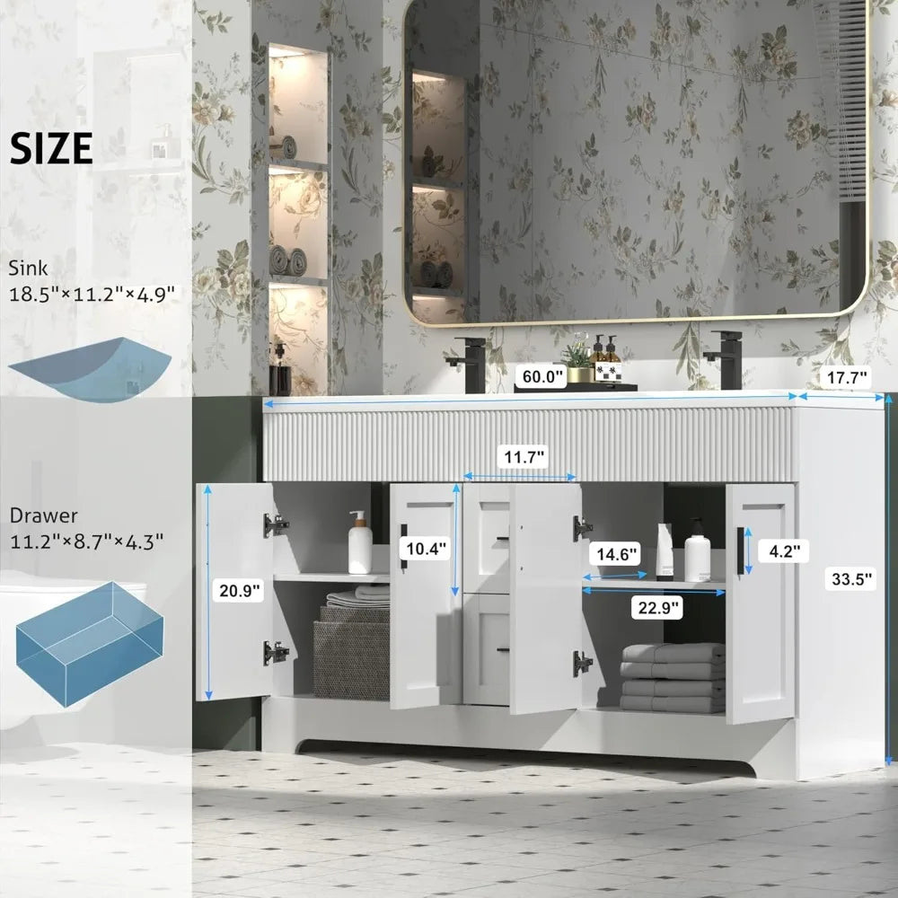 60" Bathroom Vanities Sink Combo with Painted Surface, Modern Drawered Cabinet W/Decorative Wave Lines, Undermount Double Sink