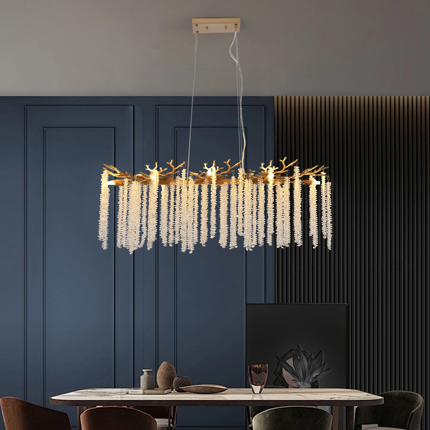 39.4inch Modern Golden Chandelier with Cascading Crystal String, Perfect for Living Room, Dining Room and Foyer, High-End Decorative Lamps (Bulb Not Included)
