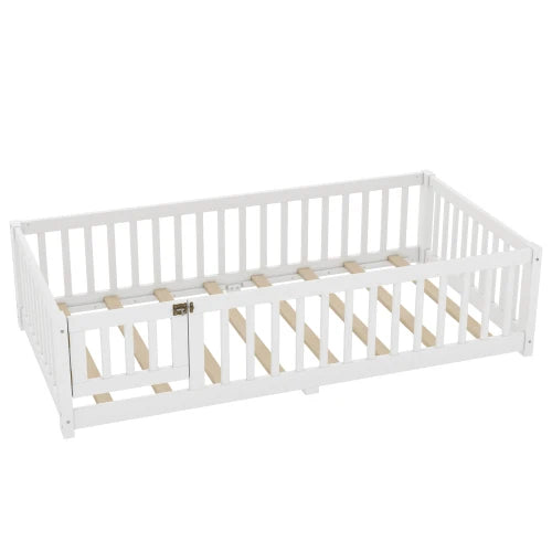 Full Size Bed Floor Bed with Safety Guardrails and Door for Kids, Gray/White/Natural ﻿