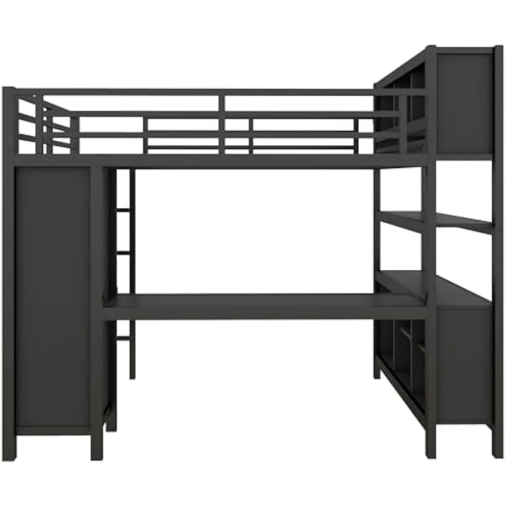 JYH Full Size Loft Bed for Teens and Adults, Metal Loft Bed with Wardrobe and L-Shaped Desk, Heavy Duty Full Bed with Storage Cu