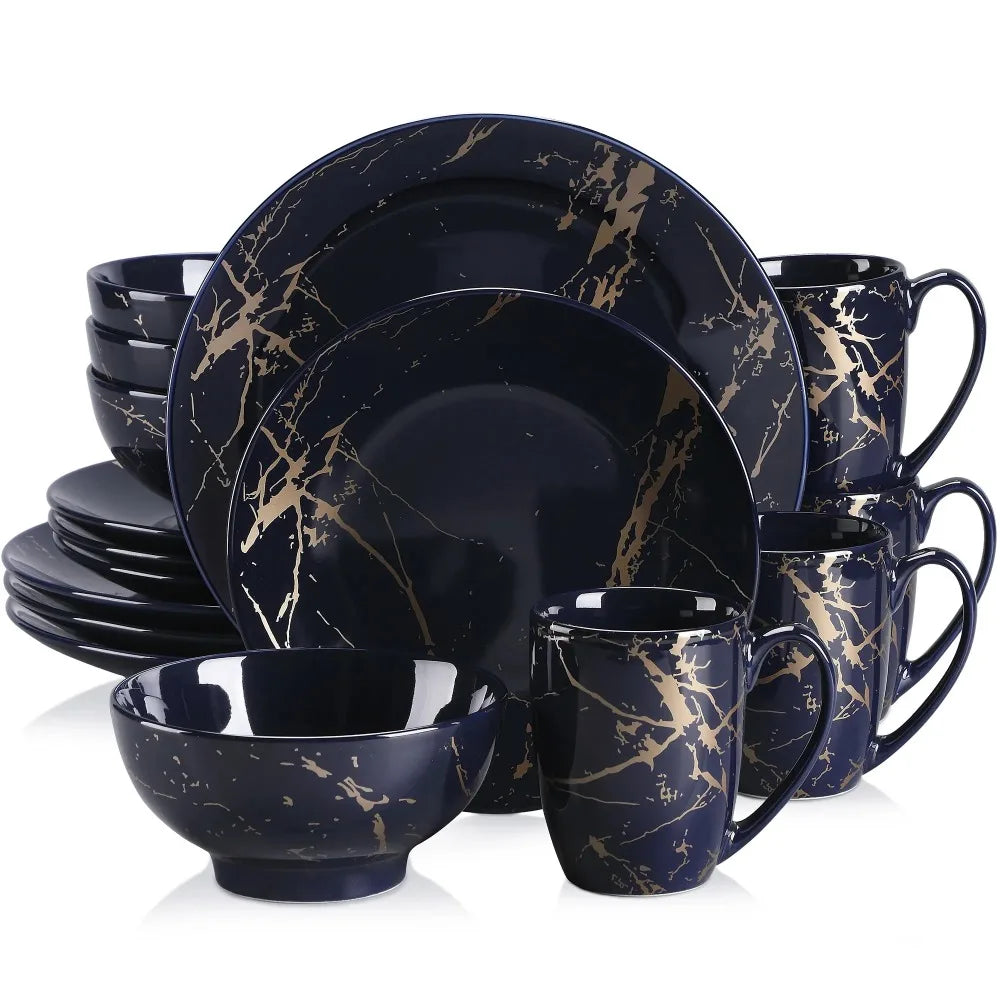 LOVECASA Ceramic Tableware Set 16 Piece Procelain Tableware Design By Gold Splash with Dinner Plate Cake plate Bowls Coffee Cups