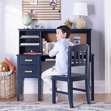 Kids Taiga Desk and Chair Set with Hutch - Gray: Wooden Study Desk with Storage Shelves, Corkboard, and Drawers | Kids Bedroom