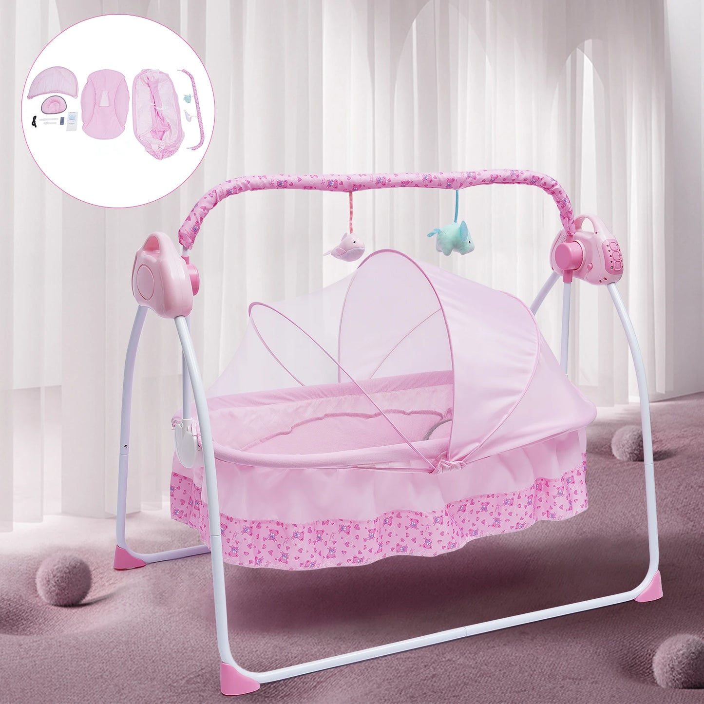 Baby swing with 12 songs, Bluetooth & USB connection, 5 swing speeds, foldable design, energy-saving timer, safety belt, and ant