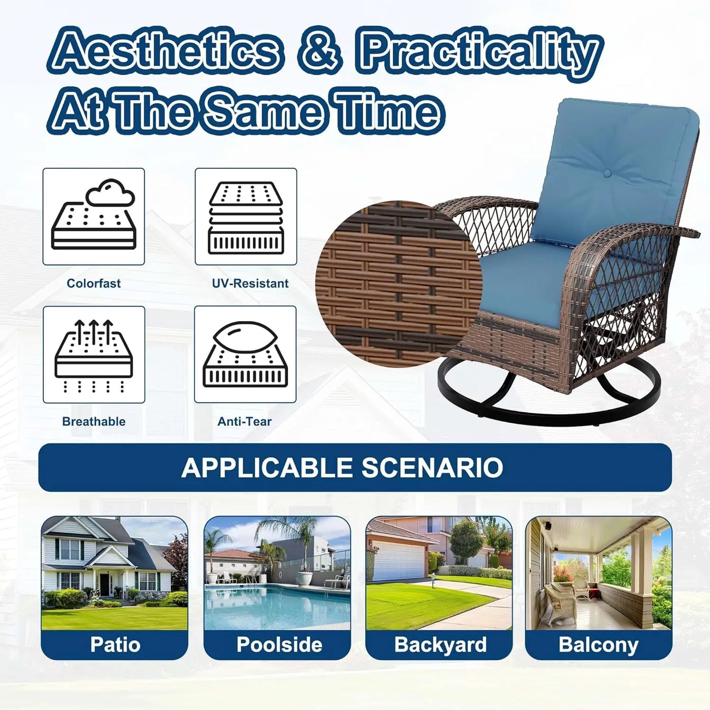 Swivel Rocker Patio Chairs Set of 2 with Side Table, 3 Pieces Patio Wicker Glider Chairs with Thickened Cushions, Outdoor Wicker