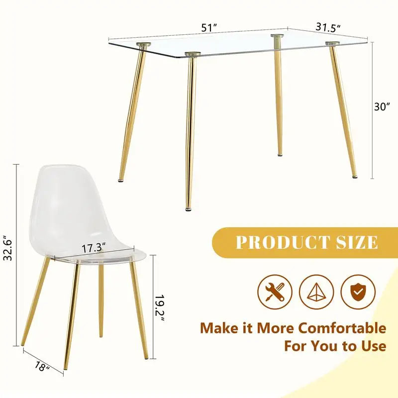 Modern Luxurious Rectangular Glass Dining Table Set with 4 Clear Plastic Chairs and Gold Metal Legs for Comfortable Home