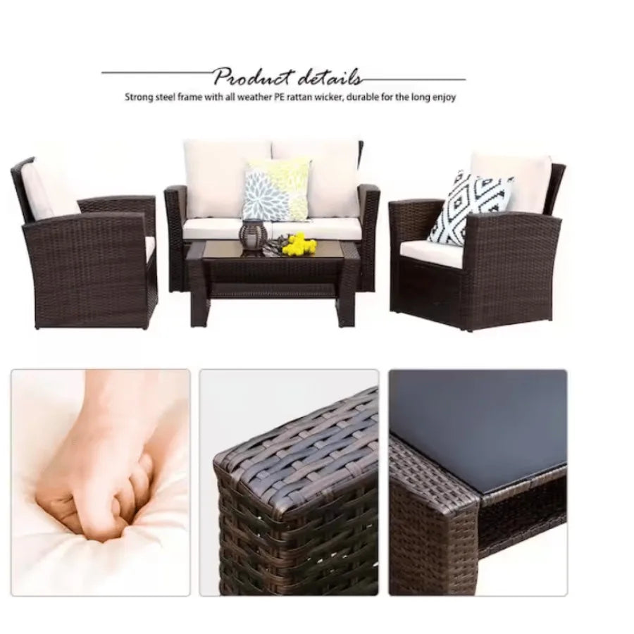 4Pieces Outdoor Patio Furniture Set PE Rattan Wicker with Brown