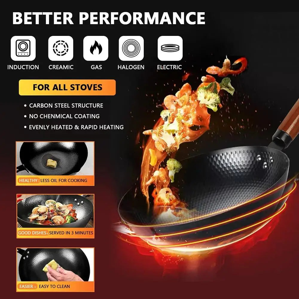 14 Piece Wok Pan Set with Wooden Lid Spatula Brush Kitchen Cookware Stir Fry Utensils Chinese Cooking Essentials