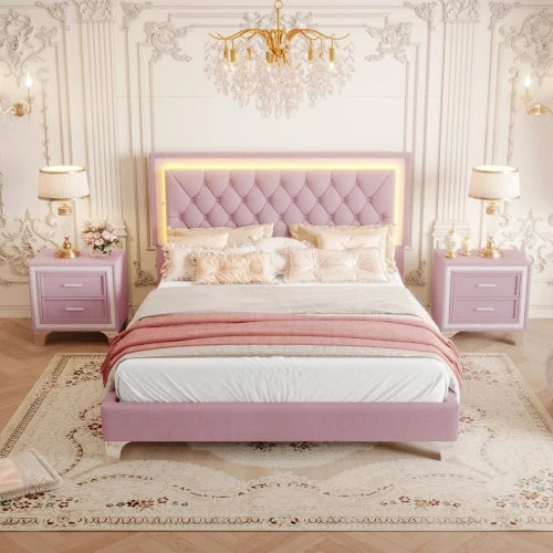 3 Piece Queen Size Upholstered Bed With LED Lights Pink Set